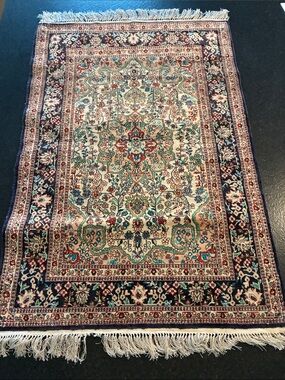Vintage Turkish silk Area Rug - Ivory, Navy, Teal, Blush 2x3 approx